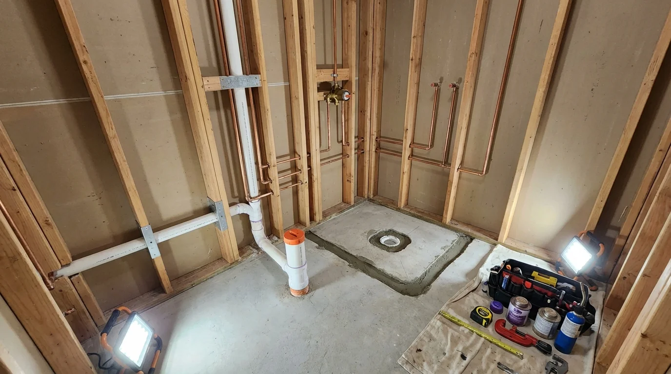 Bathroom rough-in plumbing during remodel by Johns Plumbing LLC in Kings Park