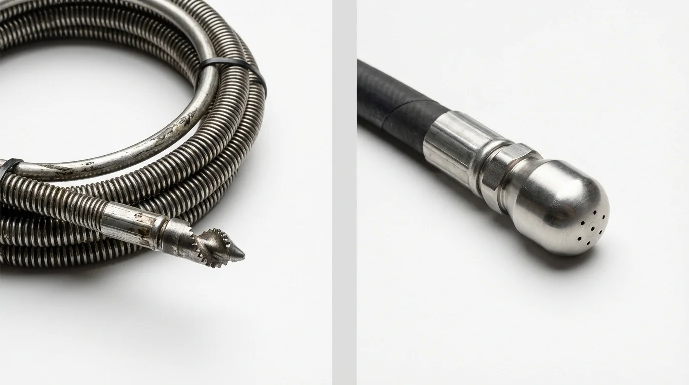 Drain snake cable and hydro jetting nozzle used for drain cleaning in Kings Park, NY