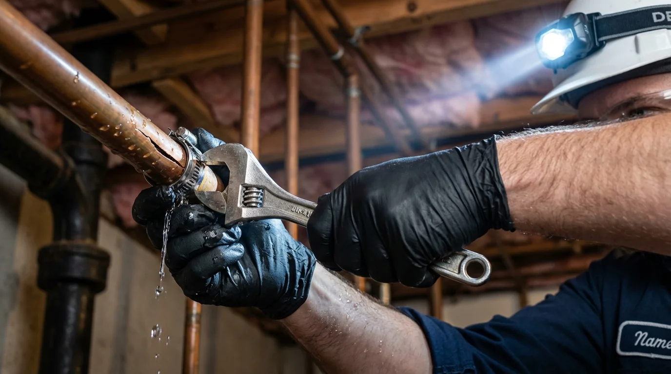Emergency pipe clamp repair being performed by a Johns Plumbing LLC plumber in Kings Park