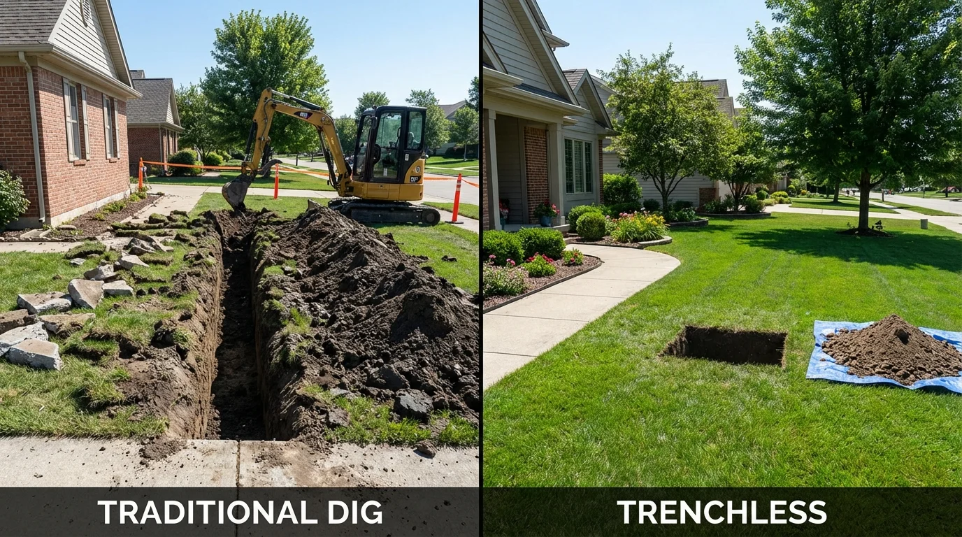 Trenchless sewer repair with minimal yard damage versus traditional excavation in Kings Park, NY
