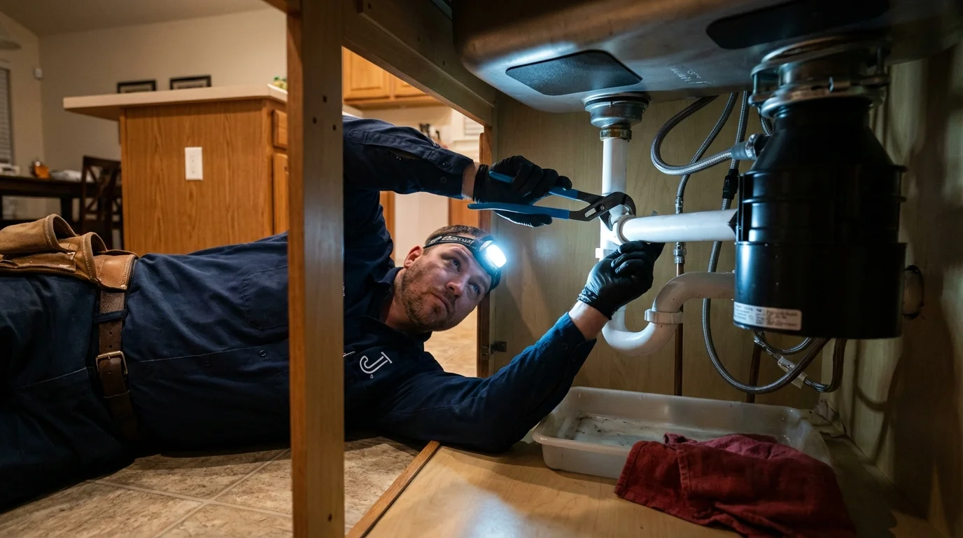 P-trap and supply line connections under a kitchen sink showing a common leak point in Kings Park, NY